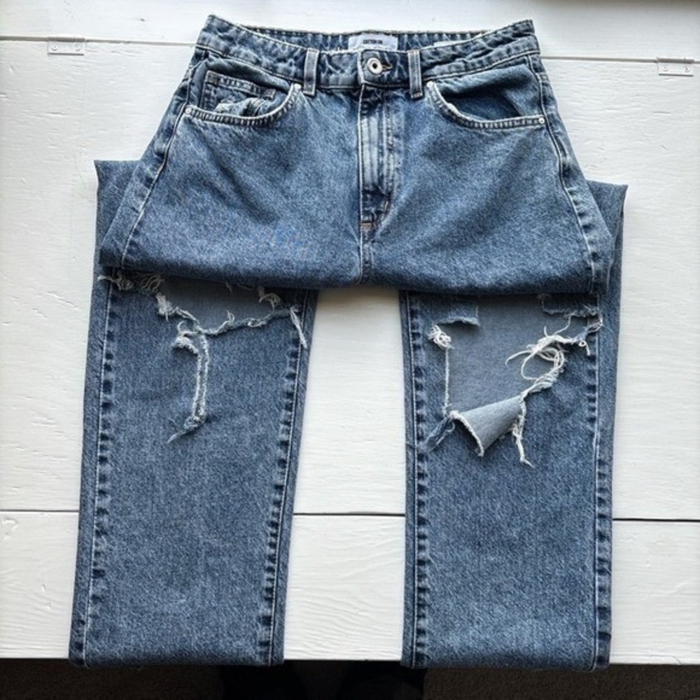 Cotton On Womens Jeans 6 Long Straight Leg Med Wash Distressed Ripped - Picture 8 of 12
